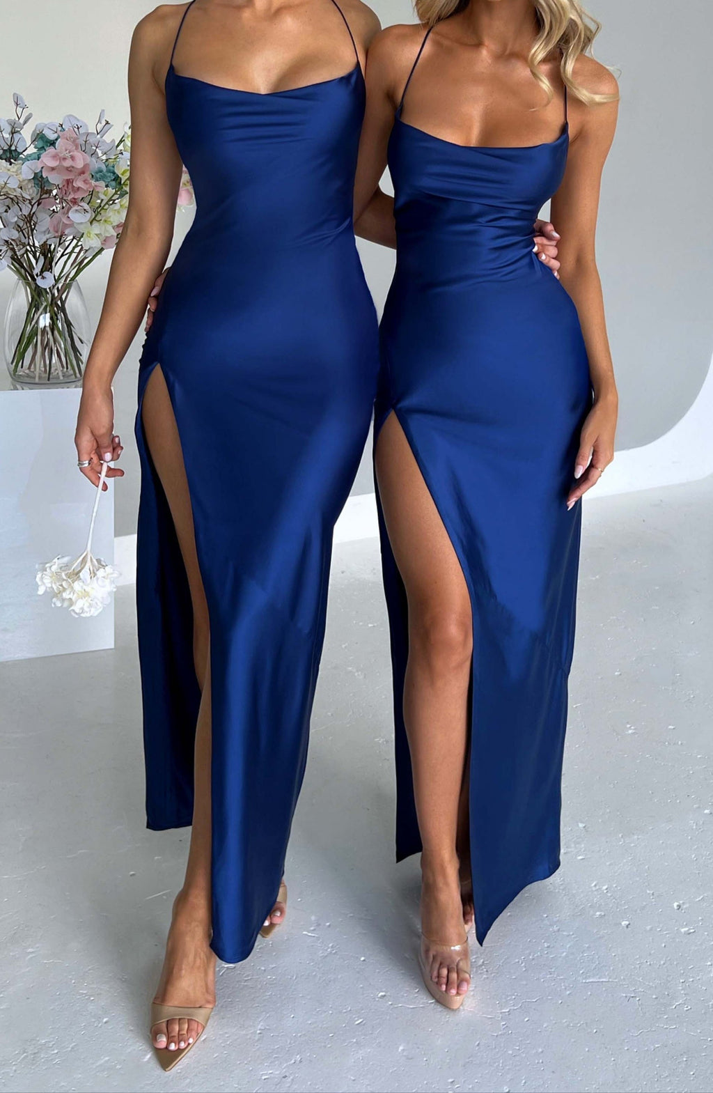 Navy | Satijnen maxi jurk met split