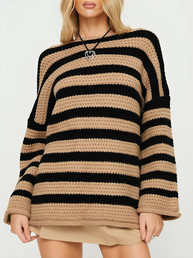 Dames Chunky Knit Gestreepte Trui, Oversized Crew Neck Pullover