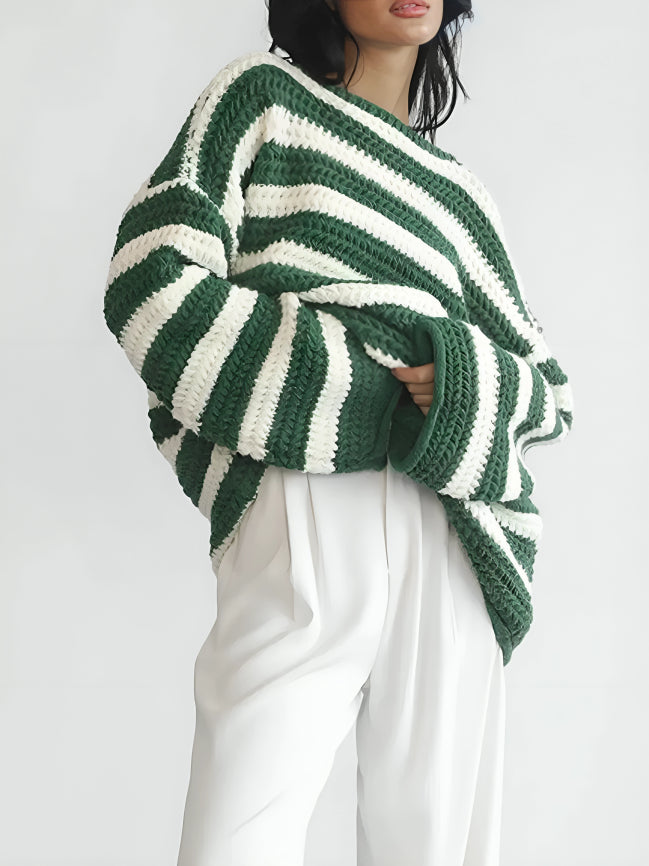 Dames Chunky Knit Gestreepte Trui, Oversized Crew Neck Pullover
