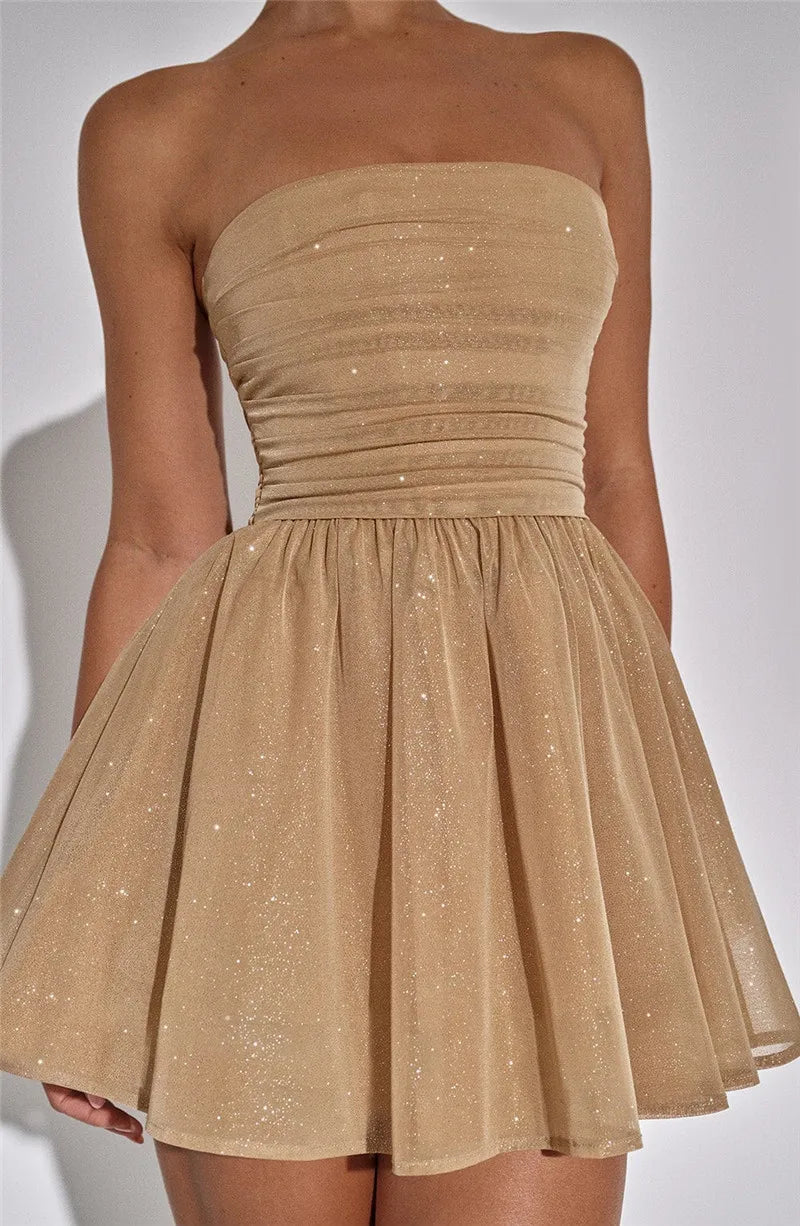 Amy | Strapless mesh glitter mini jurk met strik