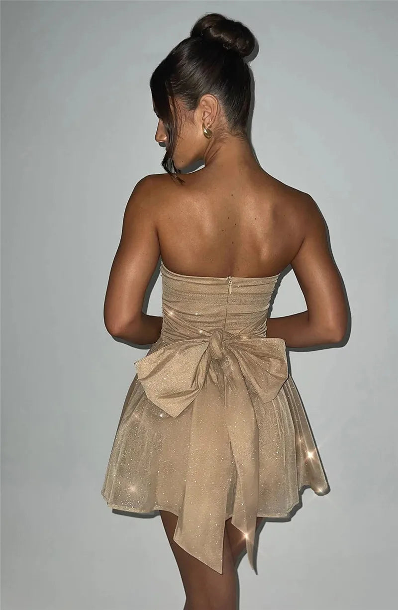 Amy | Strapless mesh glitter mini jurk met strik