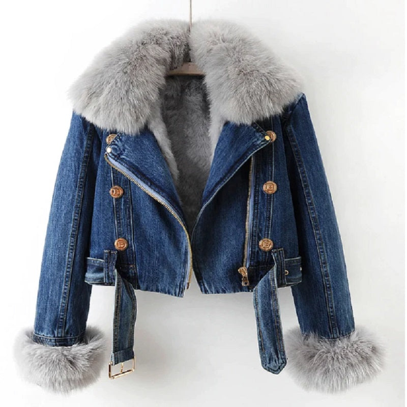 Célina | Biologisch Denim Jas met Luxe Bontkraag