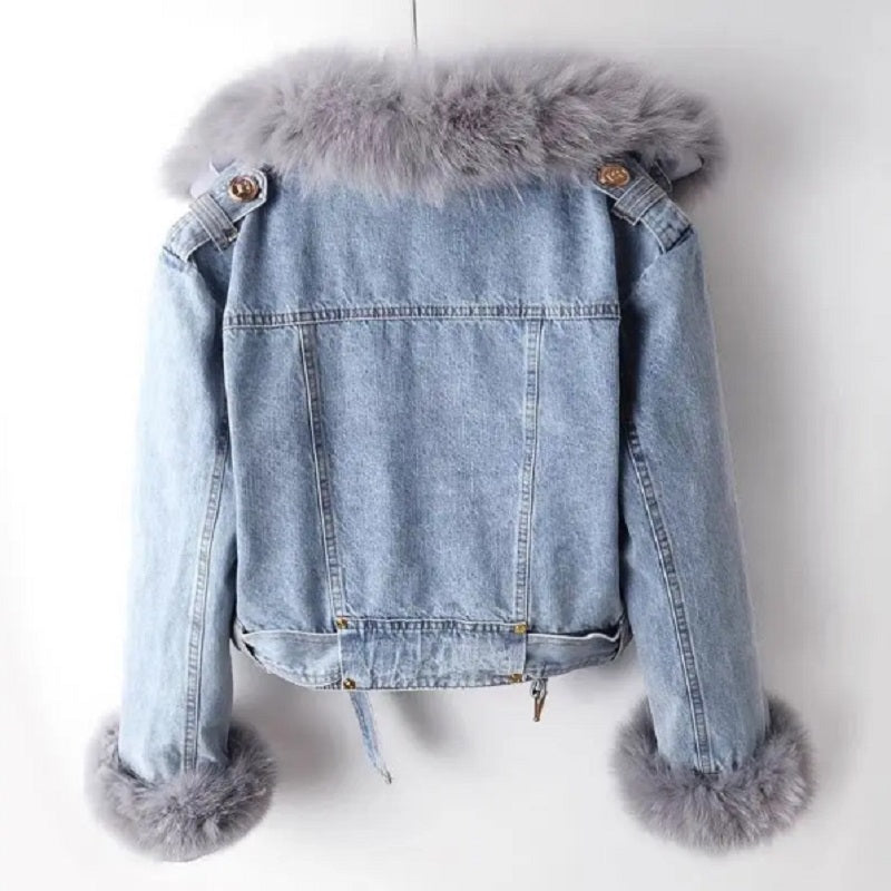 Célina | Biologisch Denim Jas met Luxe Bontkraag