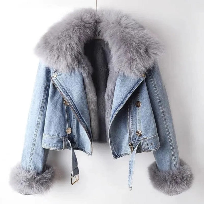 Célina | Biologisch Denim Jas met Luxe Bontkraag