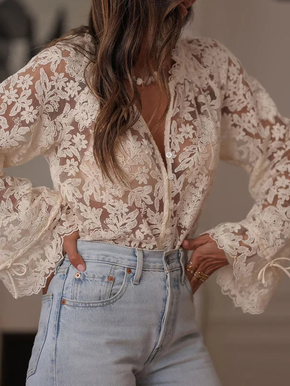 Elena | Dames Blouse met Kant en Knoopsluiting