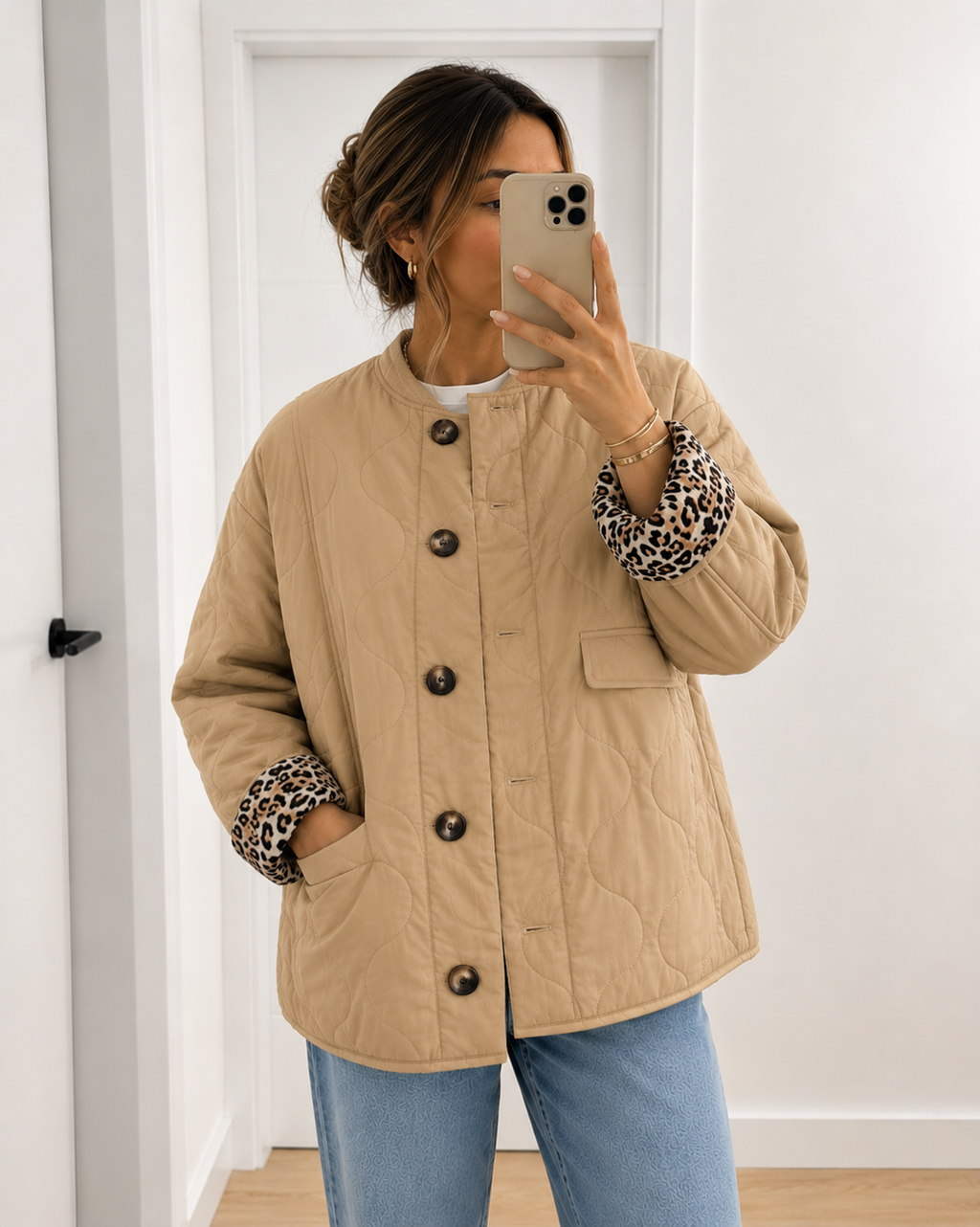 Tussenjas met luipaard detail Bruin