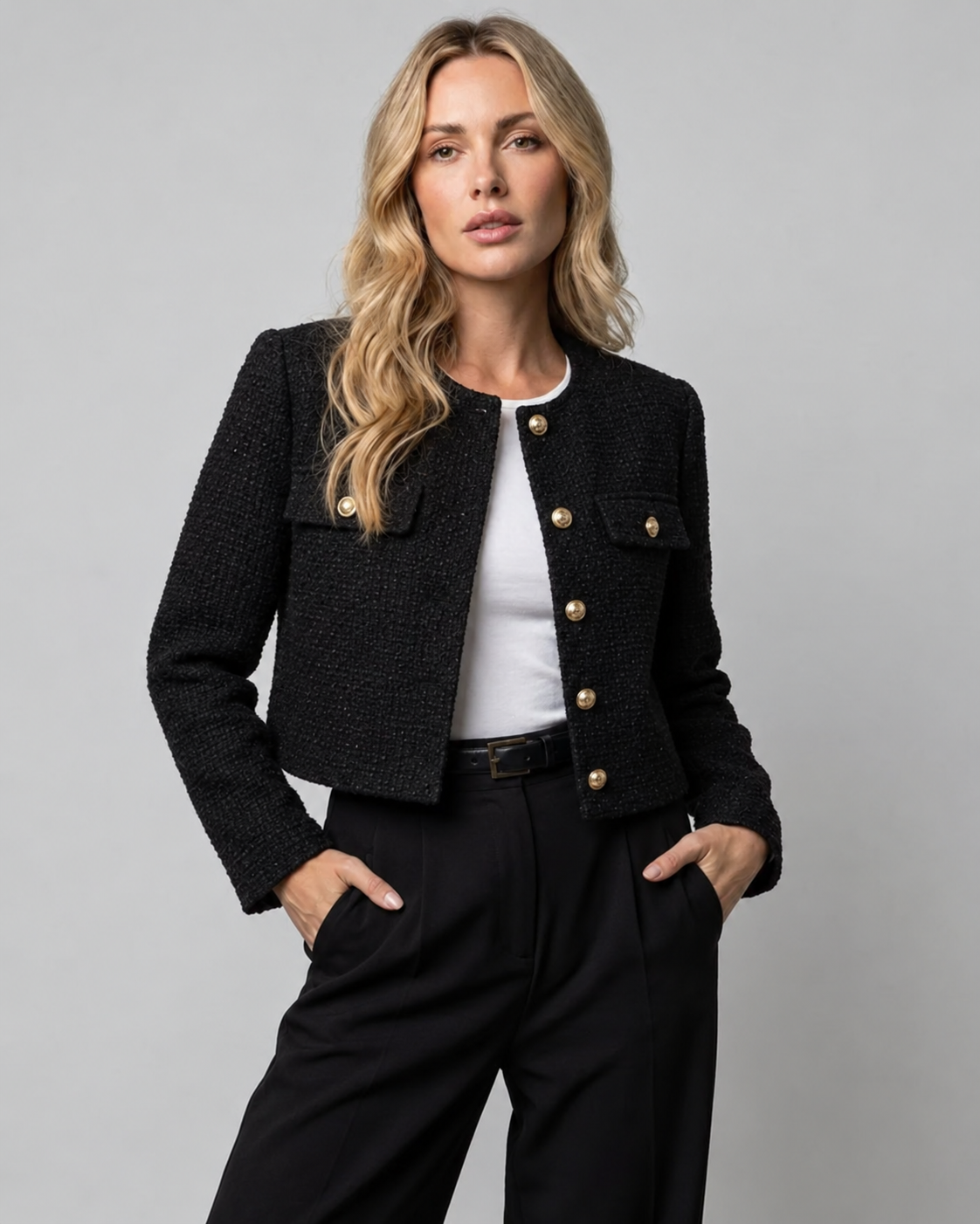 Josée | Korte Tweed Blazer met Gouden Knopen