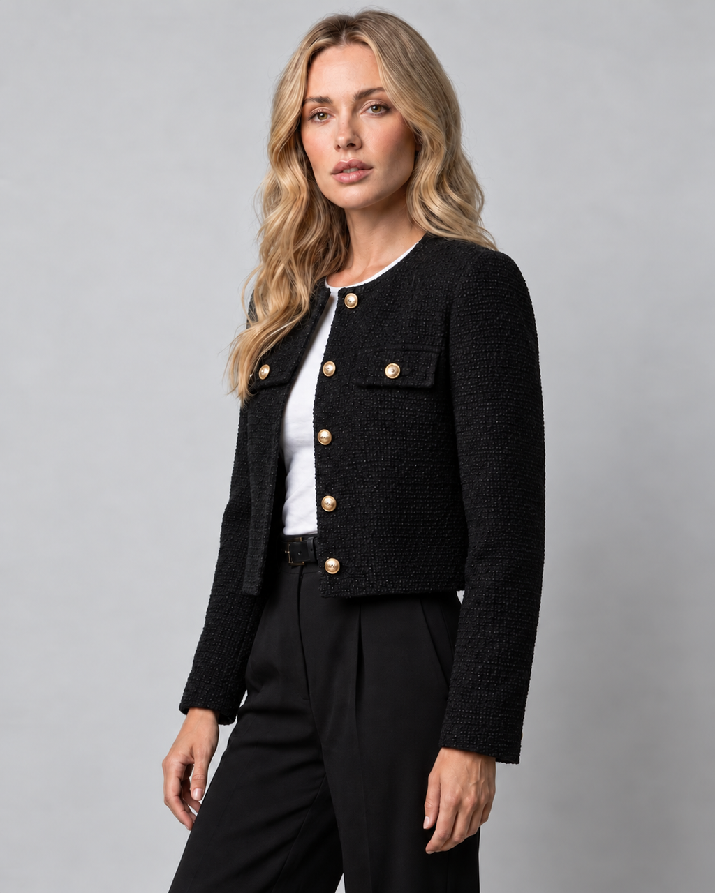 Josée | Korte Tweed Blazer met Gouden Knopen