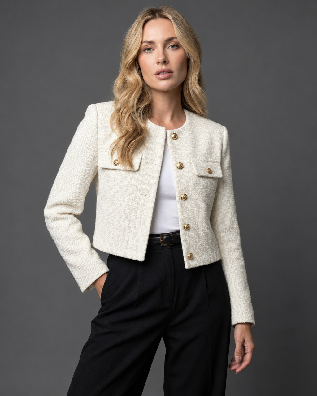 Josée | Korte Tweed Blazer met Gouden Knopen