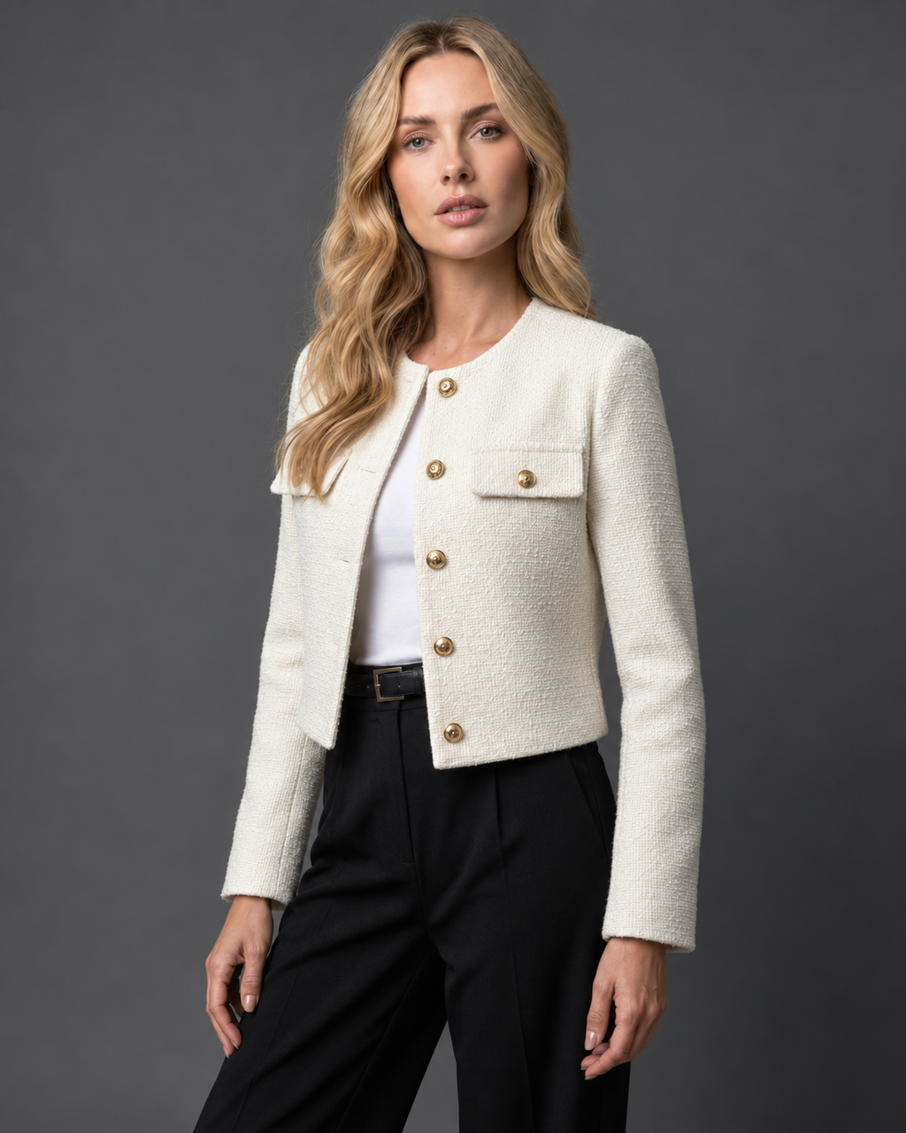 Josée | Korte Tweed Blazer met Gouden Knopen