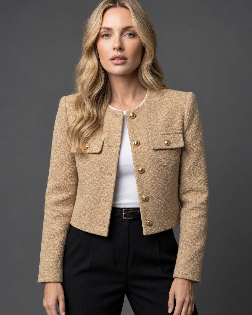 Josée | Korte Tweed Blazer met Gouden Knopen
