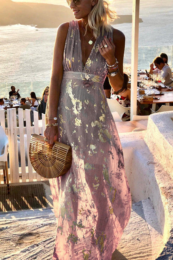 Solene | V-hals maxi jurk met pailletten en verhalenprint