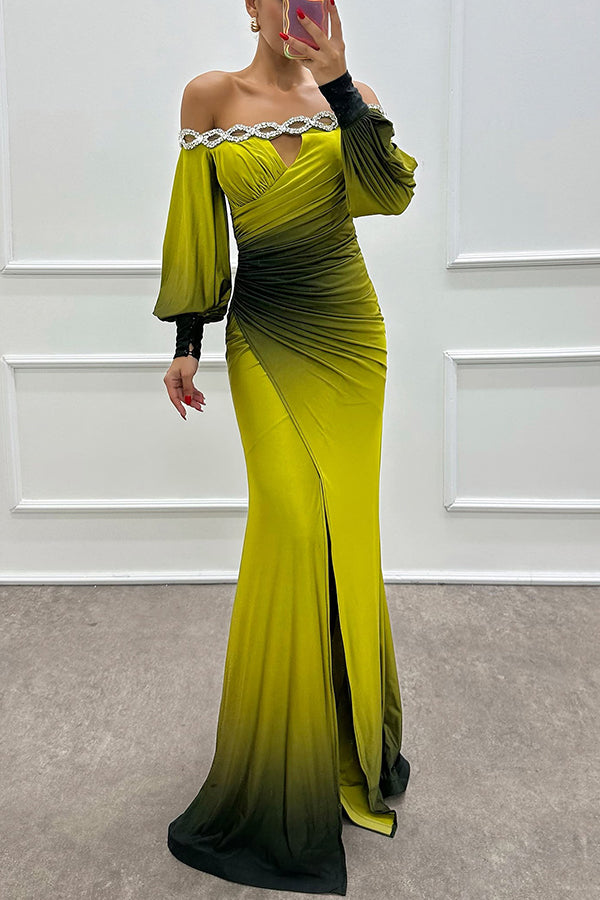 Julieta | Off-shoulder maxi jurk met gradient print en edelsteen detail