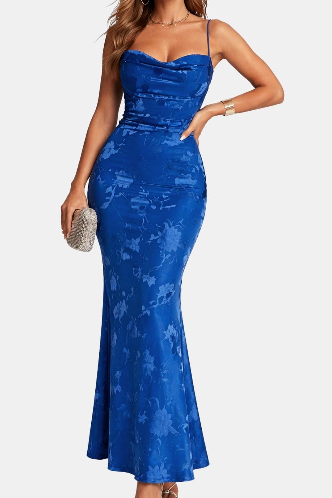 Isabel | Maxi cocktailjurk met watervalhals en bloemenpatroon