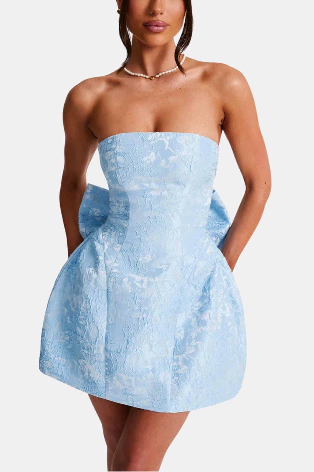 Sil | Strapless minijurk met strikband en bloemenprint