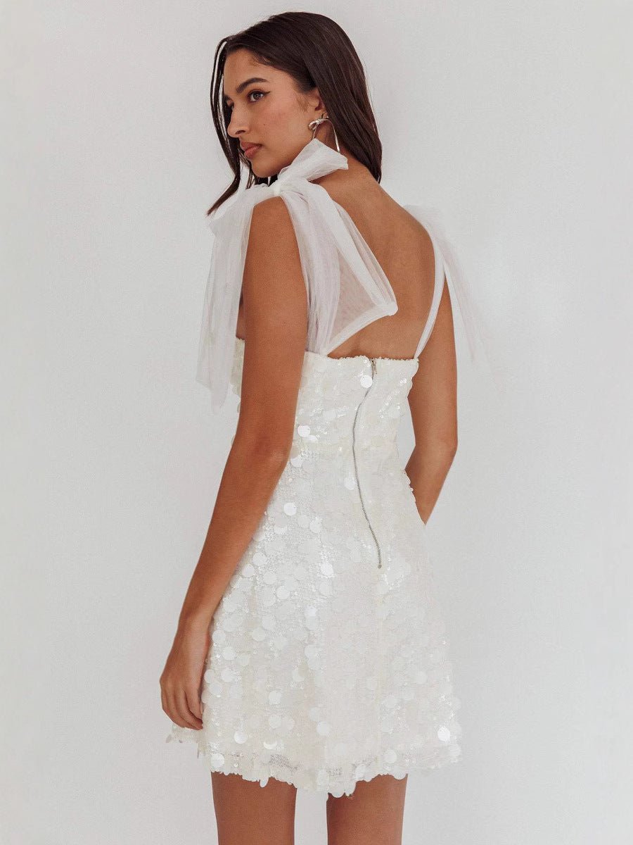 Mini Cocktailjurk voor Dames met V-hals, Tule Strikbandjes en Paillettenborduursels