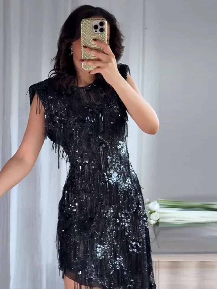 Ivy | Asymmetrische midi-jurk met pailletten en franjes
