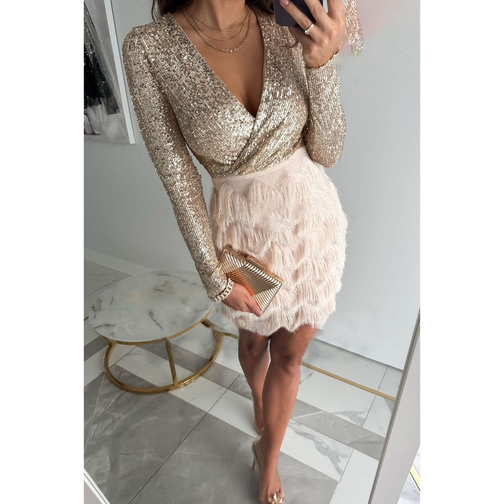 Nina | V-hals minijurk met glittertop en franjerok