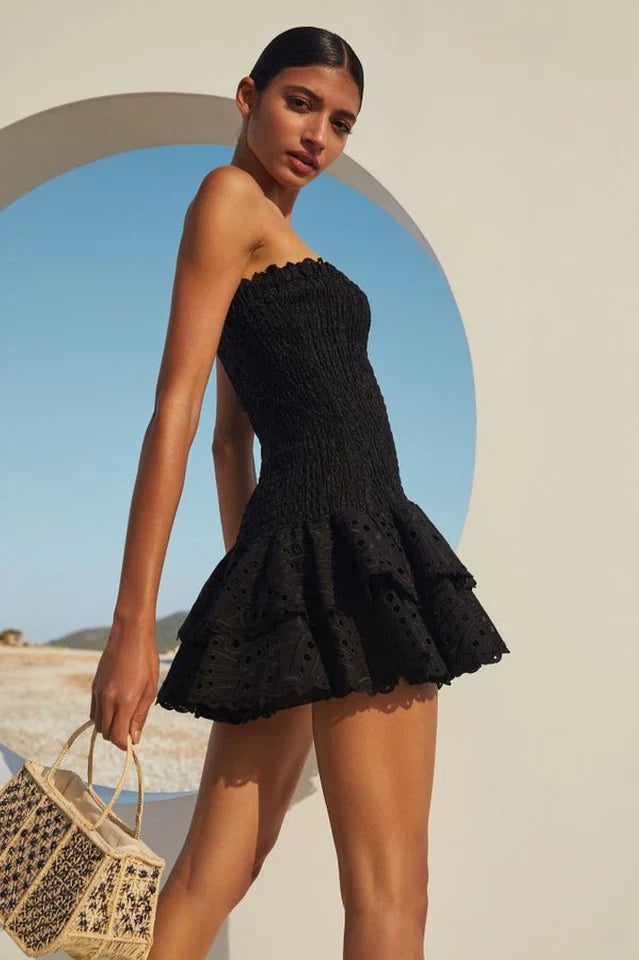 Stella | Strapless minijurk met broderie anglaise