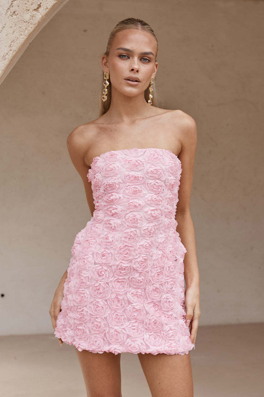 Rosalie | Strapless minijurk met rozettenapplicaties