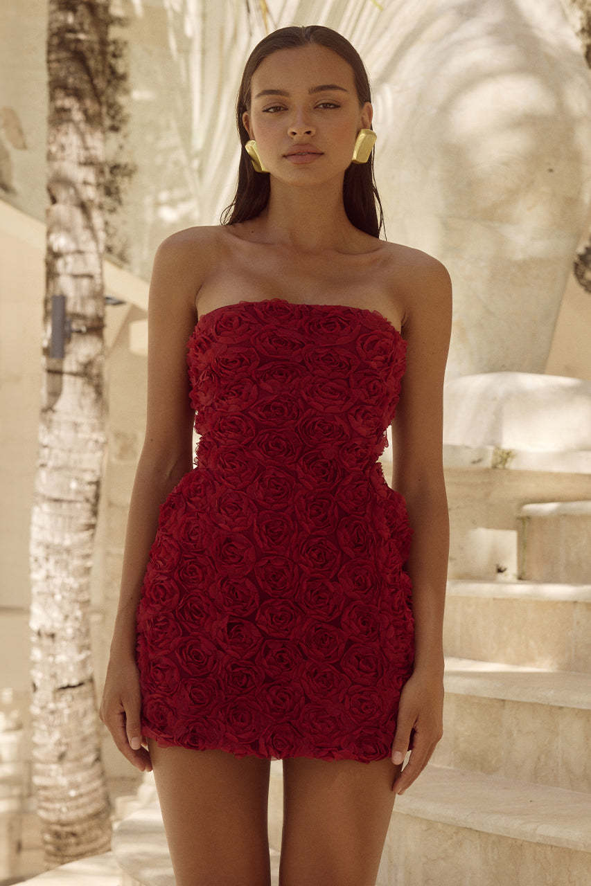 Rosalie | Strapless minijurk met rozettenapplicaties
