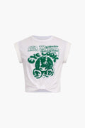 Gracelyn | Opgerolde Mouwen EYE LOOK Grafische Print Crop-T-Shirt met Knoopdetail