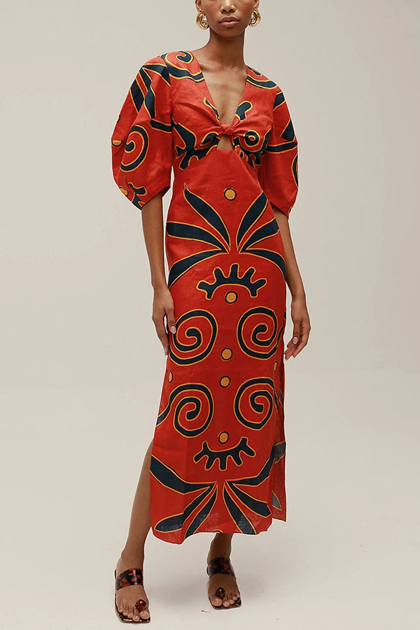 Kaya | Linnenmix maxi jurk met puffmouwen en kleurblok print