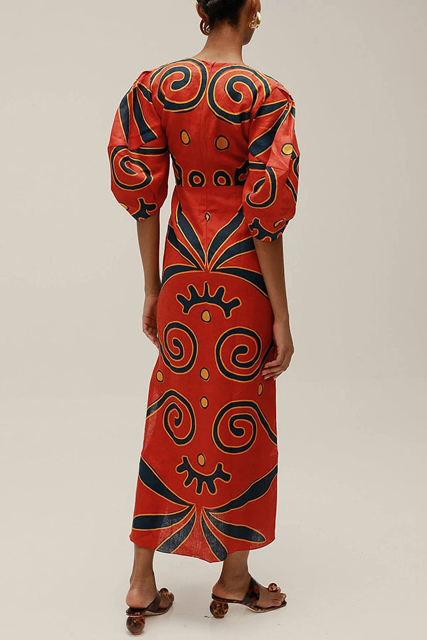 Kaya | Linnenmix maxi jurk met puffmouwen en kleurblok print