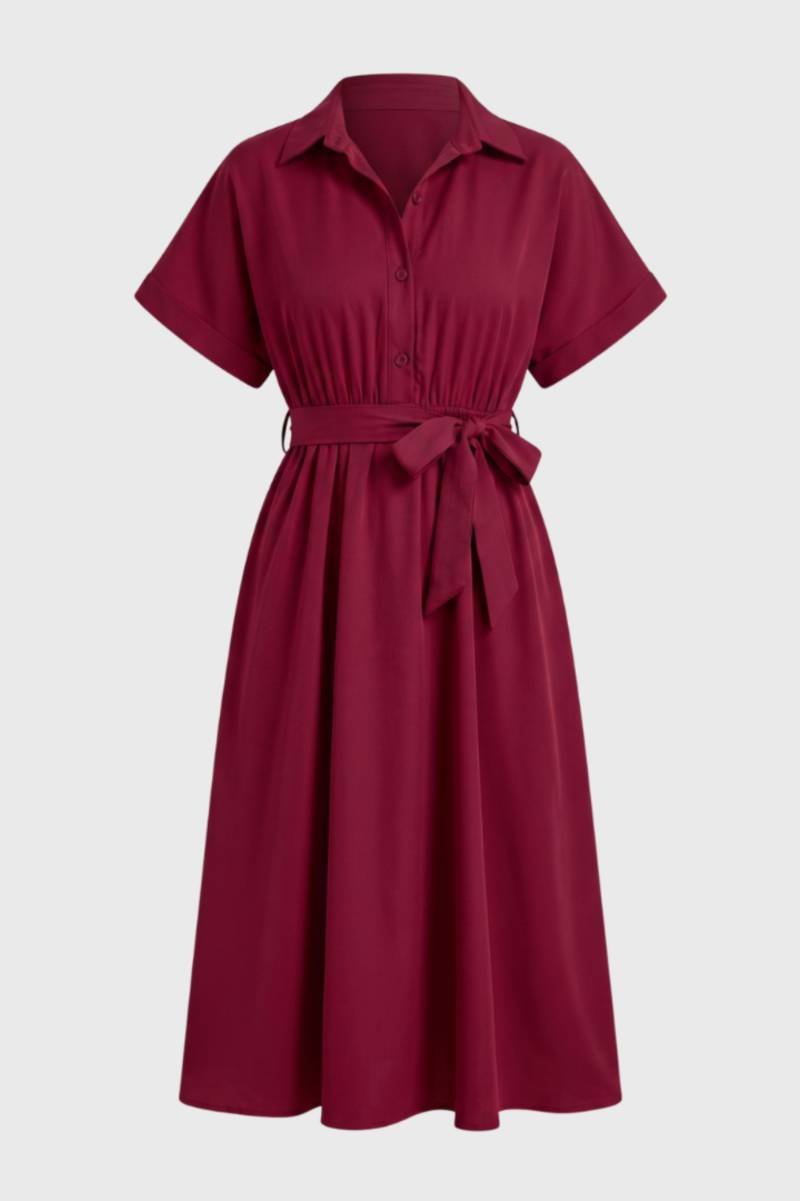 Bordeaux Midi Jurk met Strikceintuur