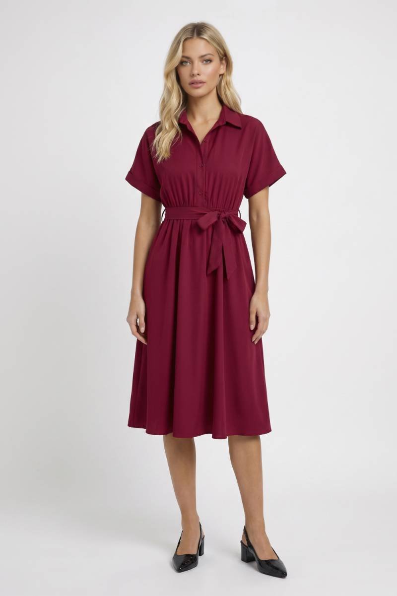 Bordeaux Midi Jurk met Strikceintuur
