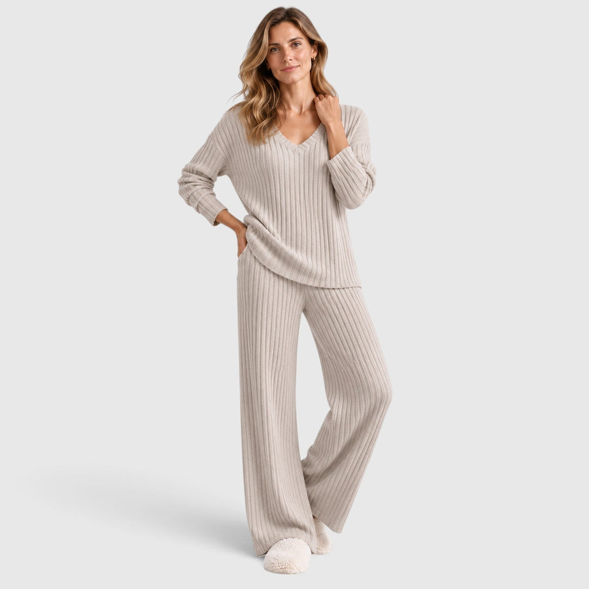 Merle | 2-Delige Lounge Outfit met Geribde Top en Brede Pijpen Broek