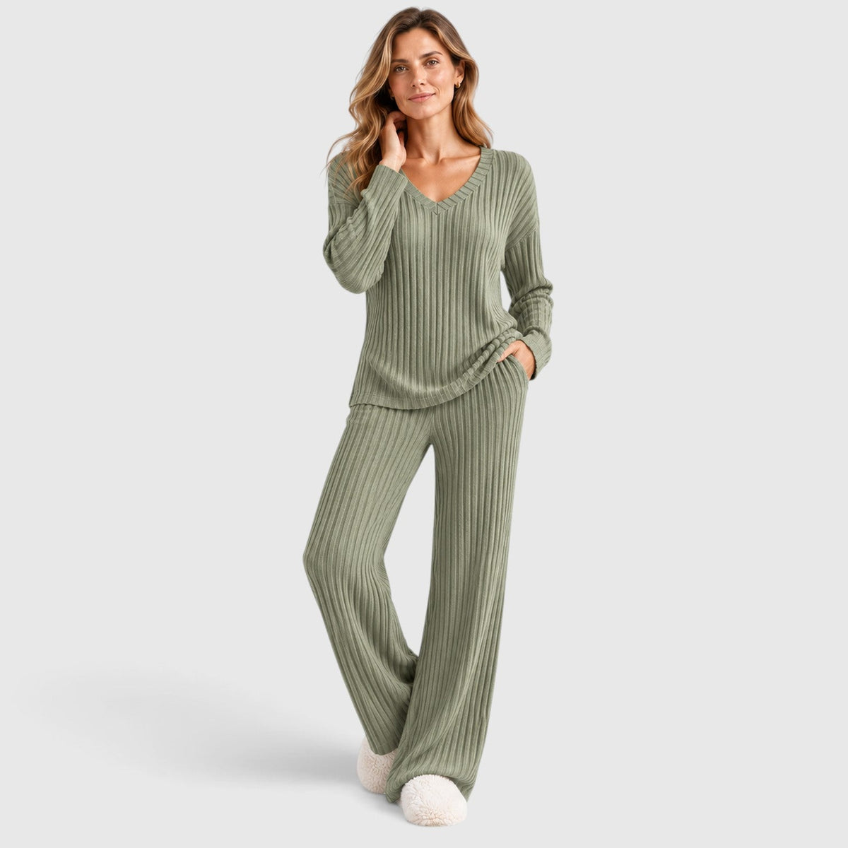 Merle | 2-Delige Lounge Outfit met Geribde Top en Brede Pijpen Broek