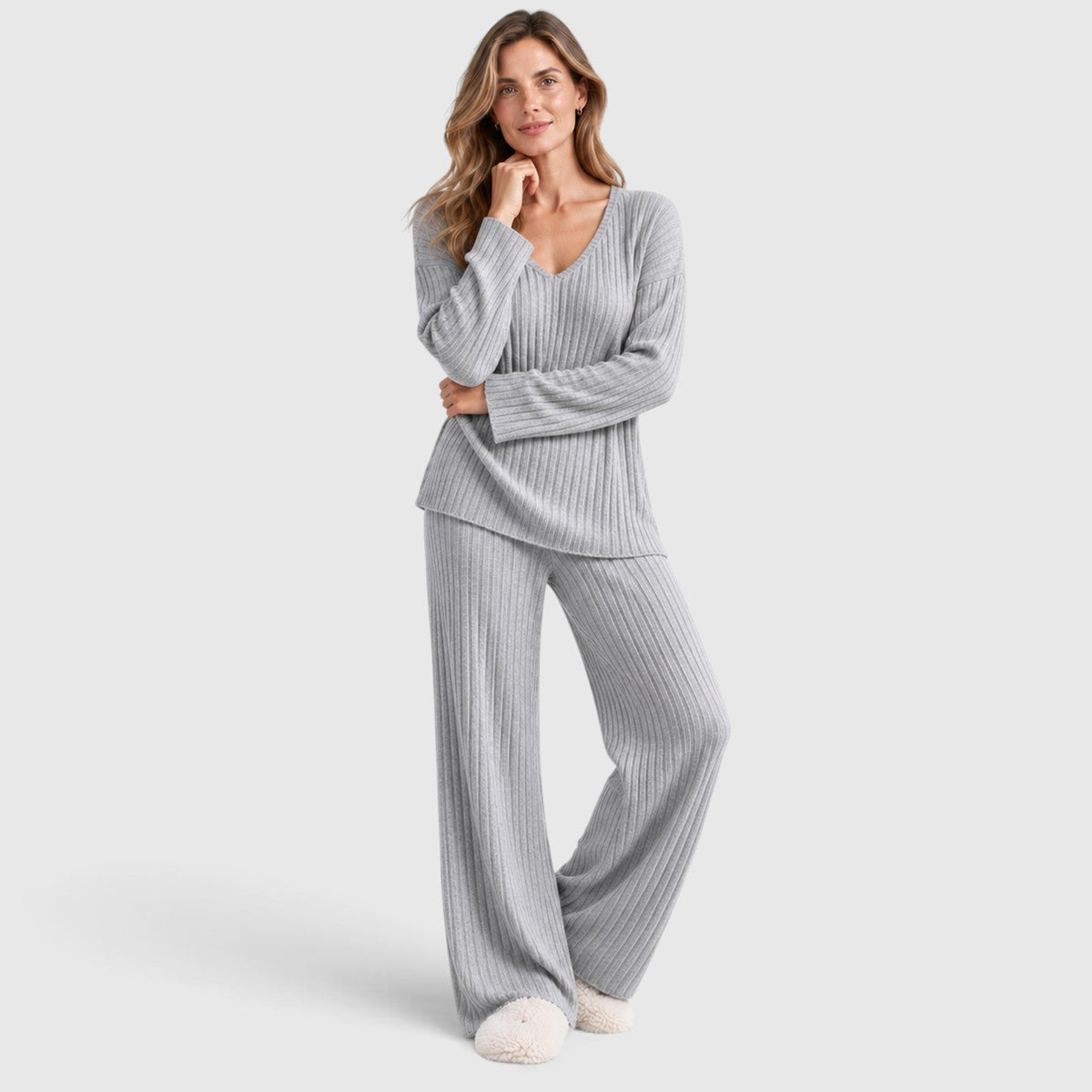 Merle | 2-Delige Lounge Outfit met Geribde Top en Brede Pijpen Broek