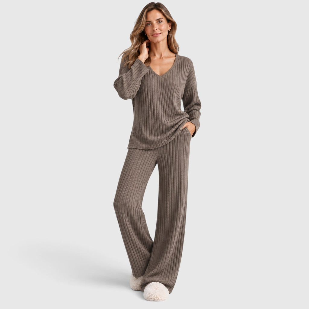 Merle | 2-Delige Lounge Outfit met Geribde Top en Brede Pijpen Broek