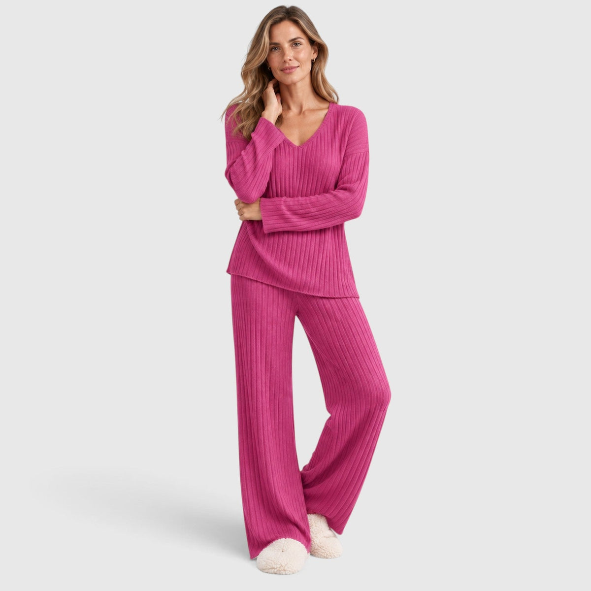 Merle | 2-Delige Lounge Outfit met Geribde Top en Brede Pijpen Broek