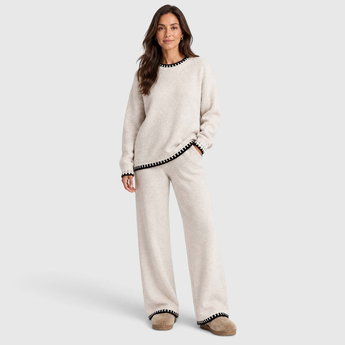 Anouska | Gebreide Co-Ord Set met Brede Pijpen Broek