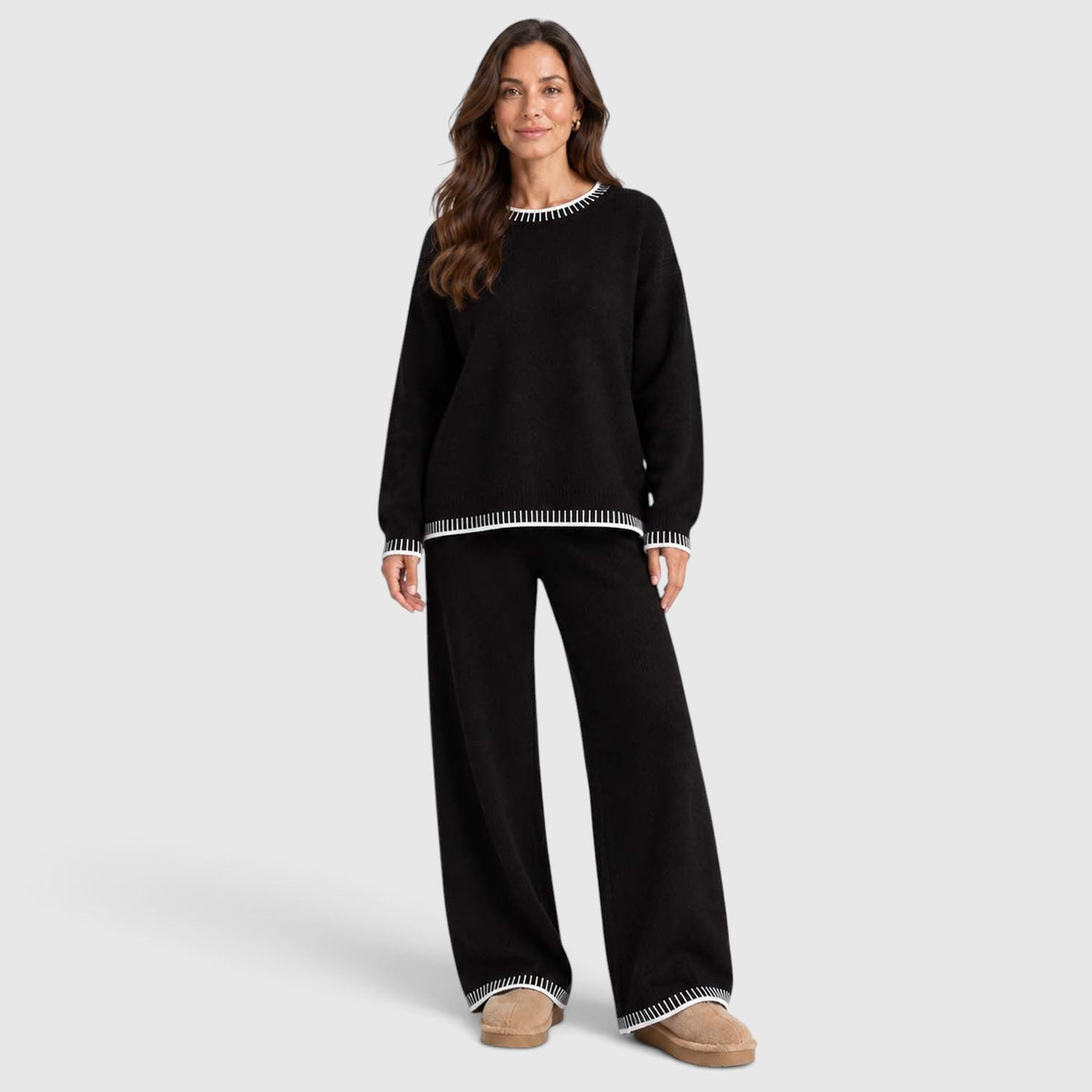 Anouska | Gebreide Co-Ord Set met Brede Pijpen Broek