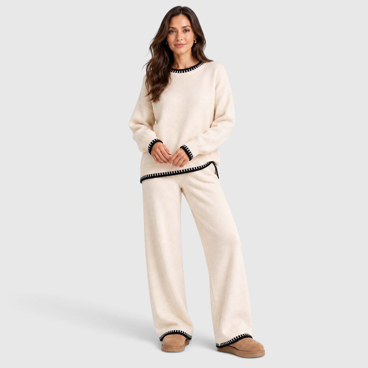 Anouska | Gebreide Co-Ord Set met Brede Pijpen Broek