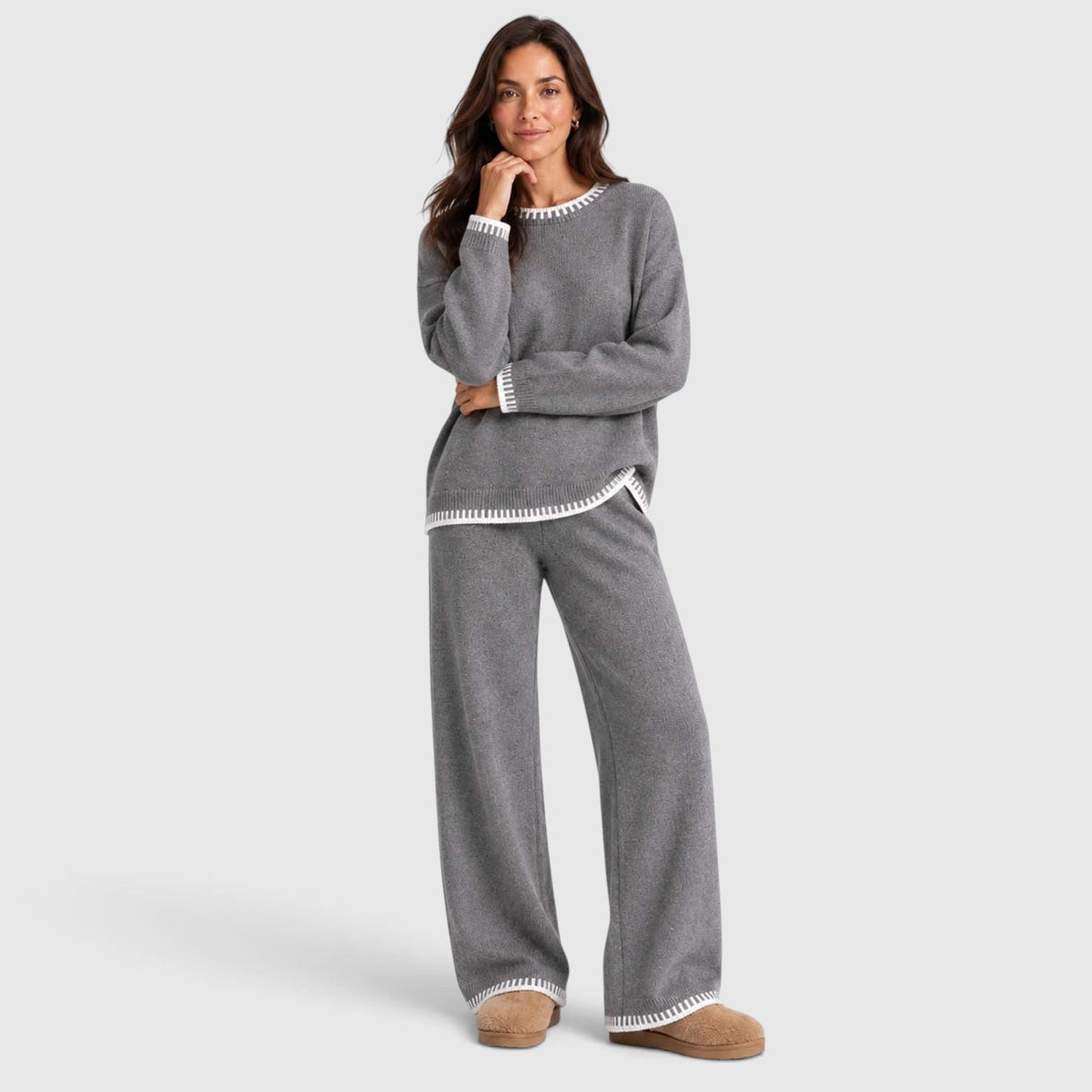 Anouska | Gebreide Co-Ord Set met Brede Pijpen Broek