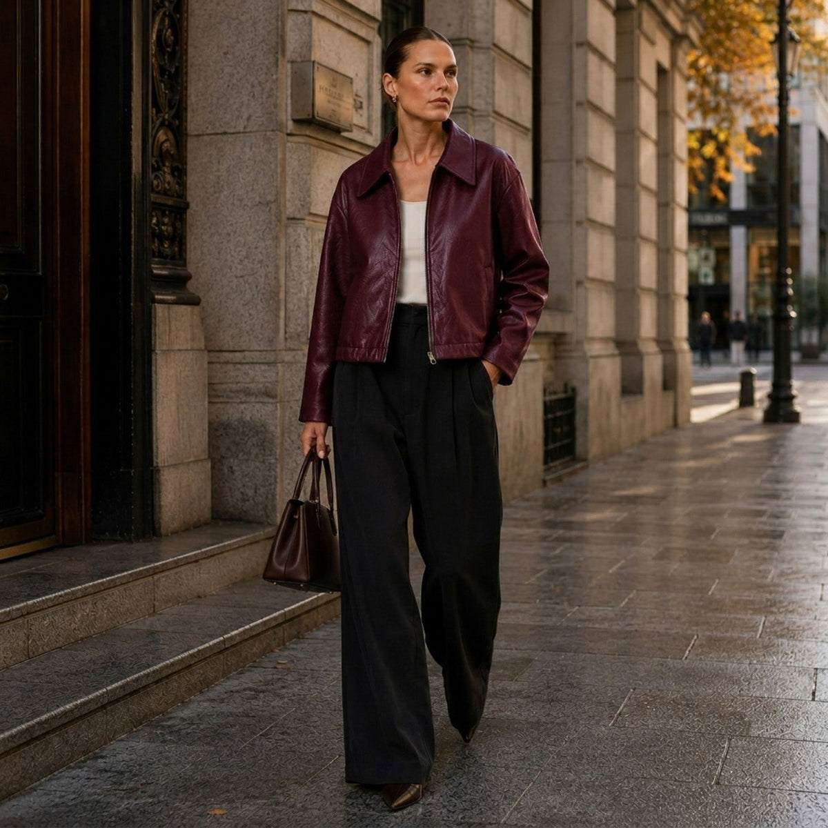 Talena | Zip Leren Jas met Zakken voor Slim Casual Stijl