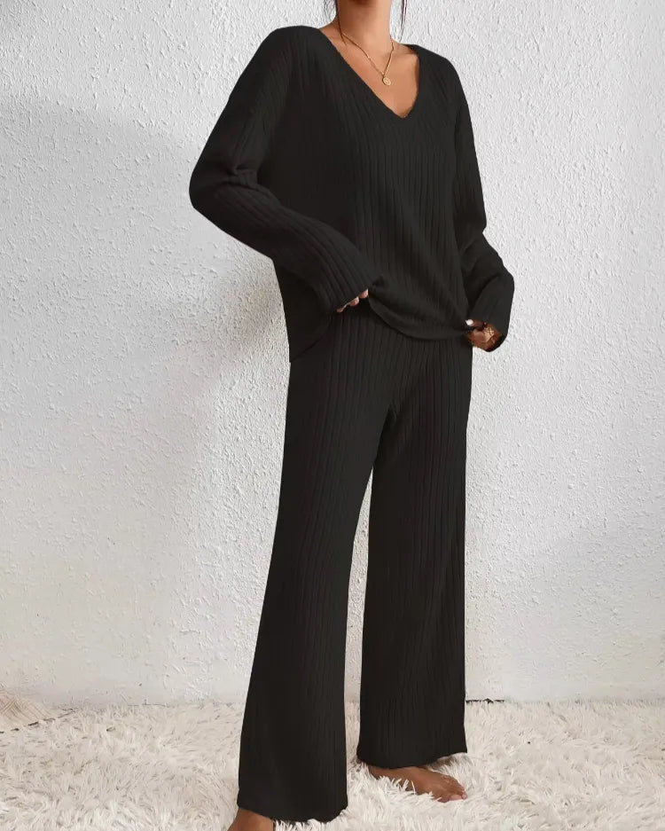 Nieve | Geribde Pyjama Set met V-Hals