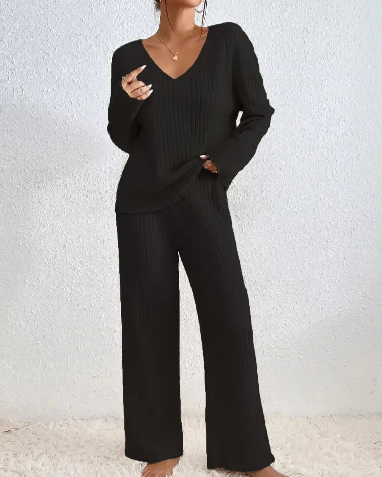 Nieve | Geribde Pyjama Set met V-Hals