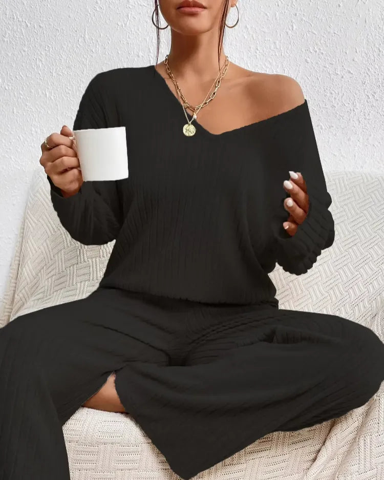 Nieve | Geribde Pyjama Set met V-Hals
