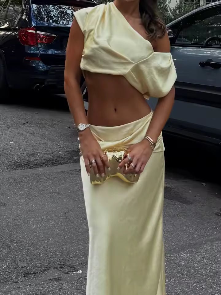 Arlette | Satijnen Plissé Crop Top & Rok Set