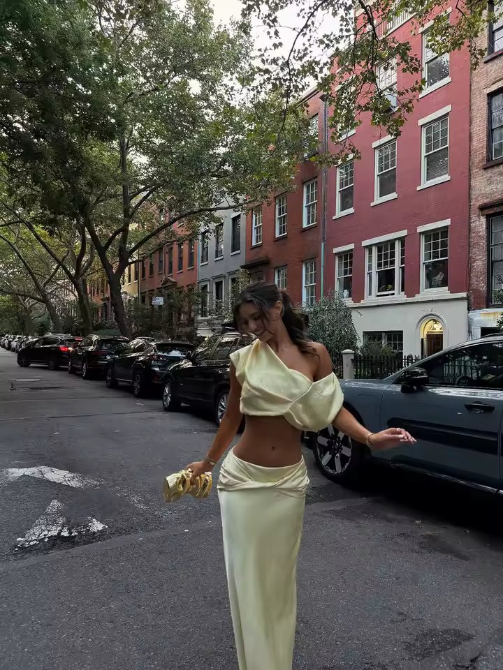 Arlette | Satijnen Plissé Crop Top & Rok Set