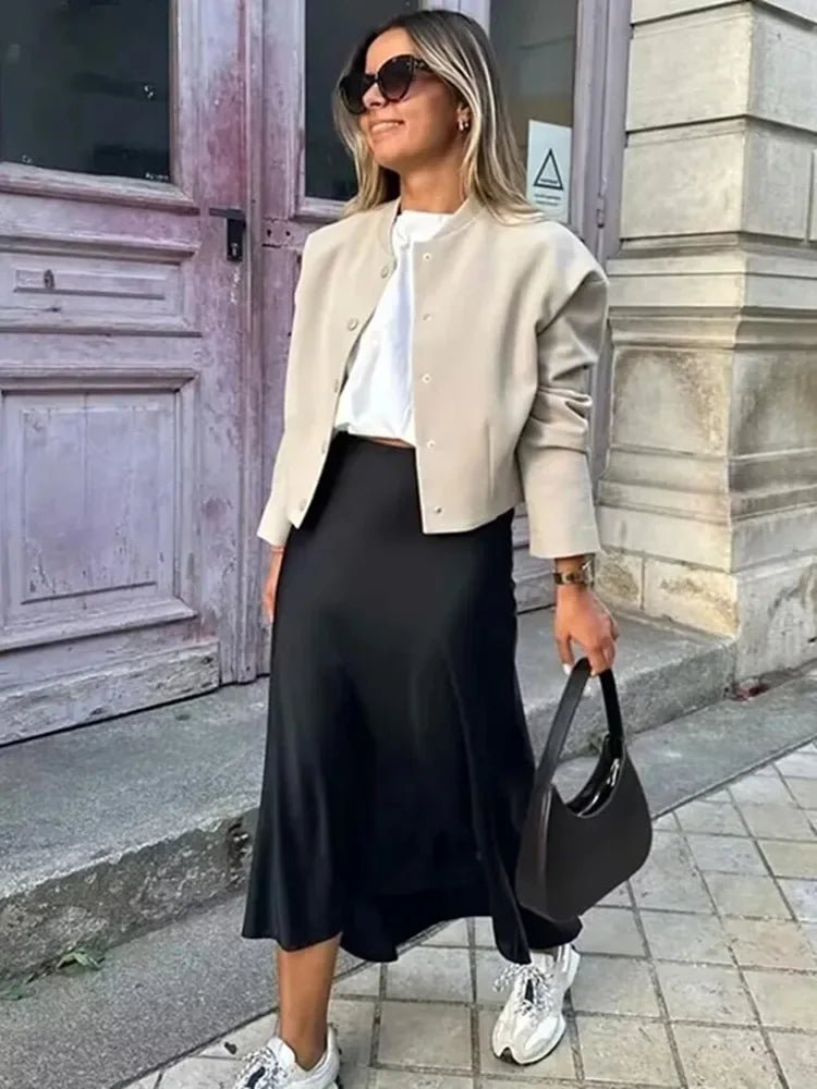 Anais | Hoge Taille Zwarte Satijnen Midi Rok