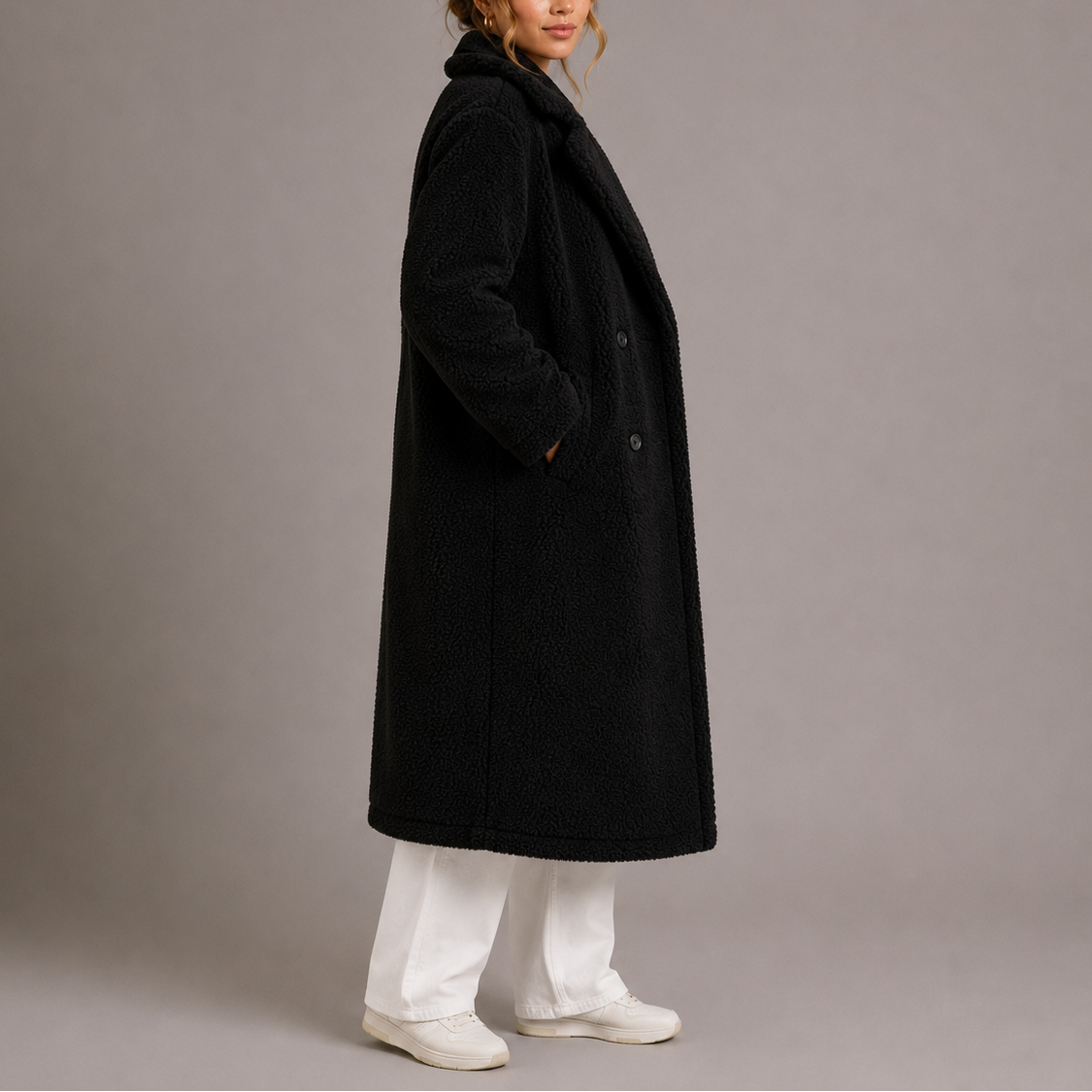 Berdien | Longline Teddy Fleece Jas met Dubbele Knopen