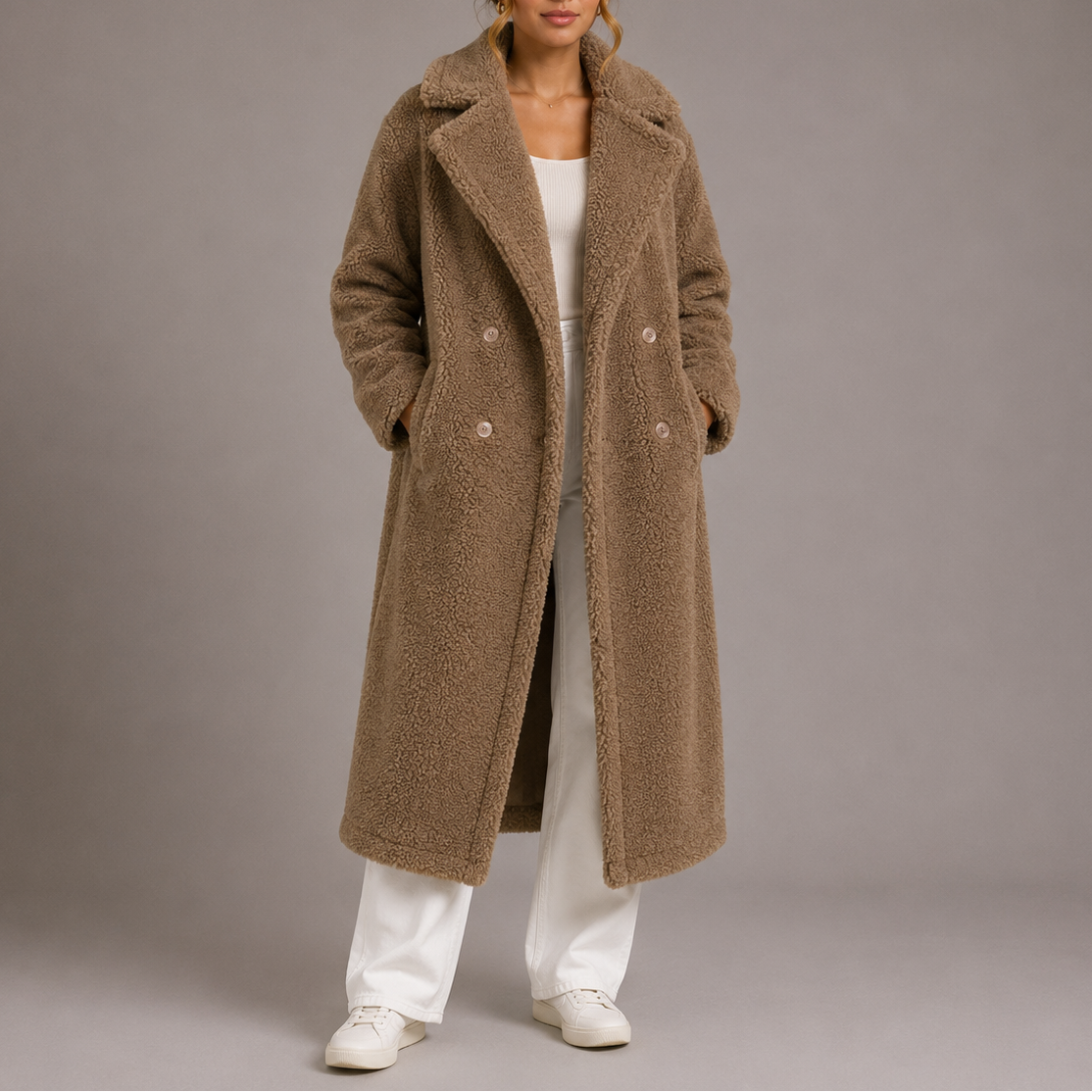 Berdien | Longline Teddy Fleece Jas met Dubbele Knopen